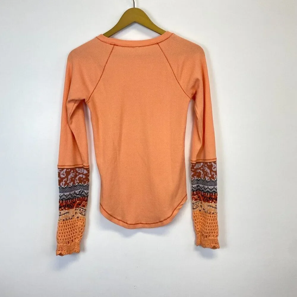 Free People Orange Thermal Waffle Knit Crochet Sweater Sleeve Top